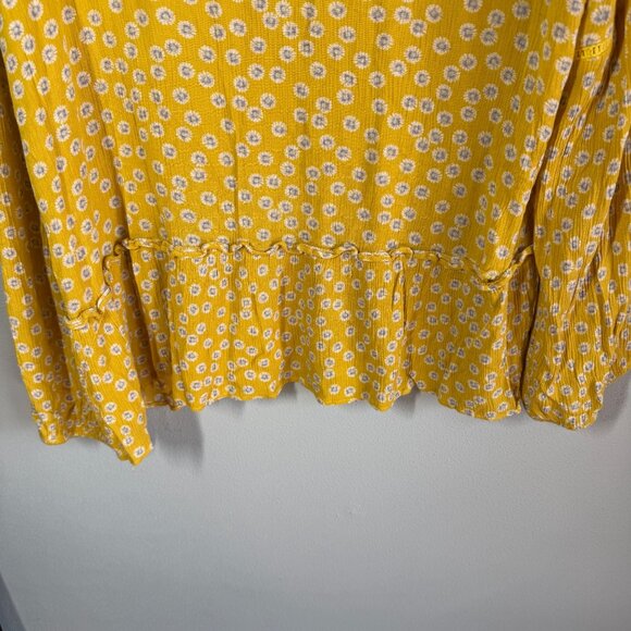 Pleione Yellow Floral Tiered V-Neck Blouse Womens Large Boho Peasant Relaxed - Picture 6 of 12